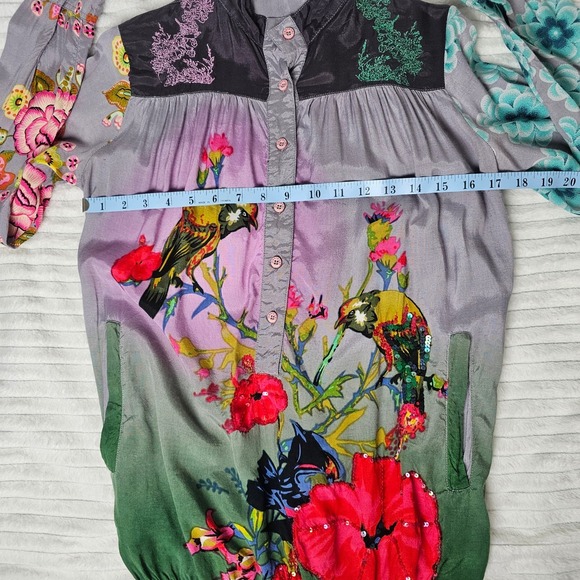 Desigual Colorful Bird Floral Print Button Up Shirt Blouse Bohemian Women XS - Picture 5 of 16